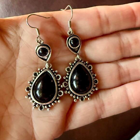 NEW Boho Silver Plated Vintage Black Stone Dangle Earrings - Picture 2 of 5